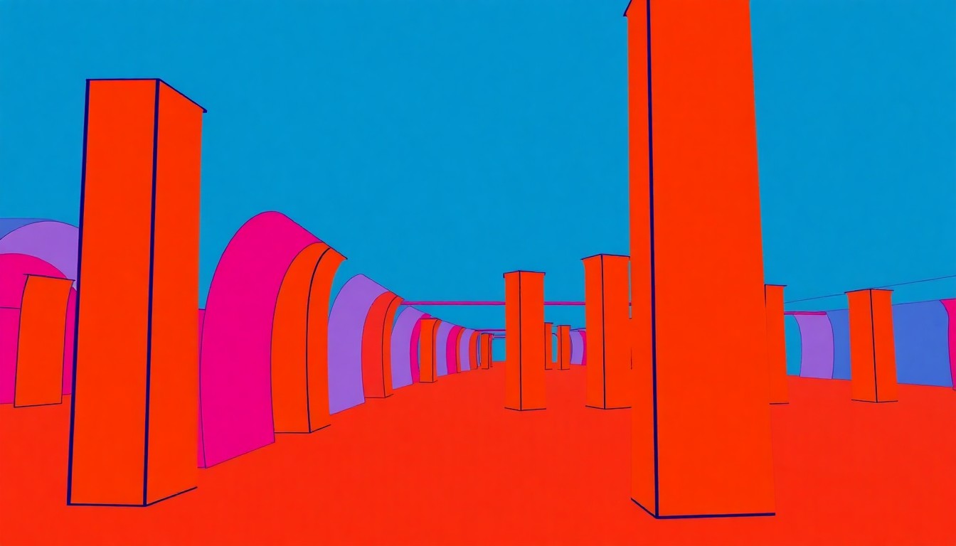 A vibrant, abstract silkscreen print featuring the architectural elements of the Tunnel to Towers memorial, rendered in a bold, pop art style with overlapping neon colors and heavy black outlines.