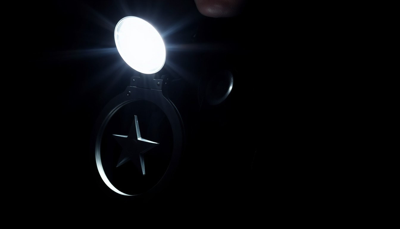 An extreme close-up photograph of a police officer's badge or handcuffs, lit by a harsh, direct camera flash against a pitch-black background, creating a stark, gritty, investigative aesthetic that conceptually represents the dangers faced by law enforcement.