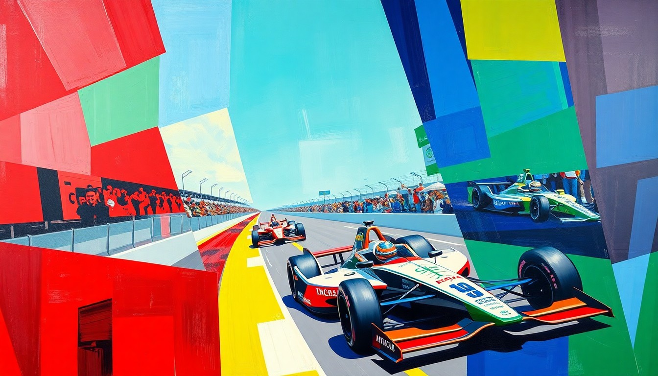 A cubist, geometric painting depicting an INDYCAR race at the Long Beach street circuit, with overlapping planes of vibrant red, blue, and green colors representing the competing teams and drivers.