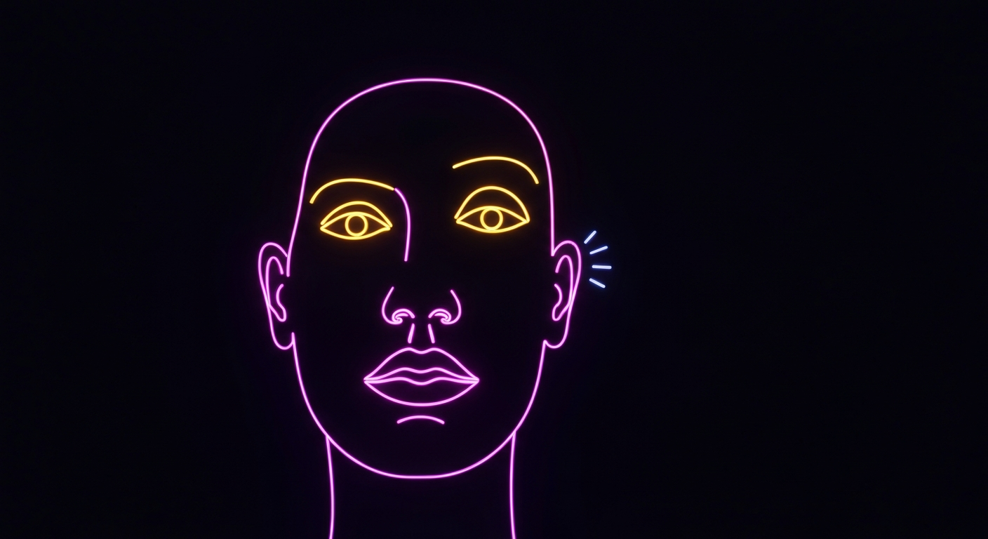 A minimalist, glowing neon outline of a human face against a dark background, conceptually representing the use of natural, animal-based skin care products.