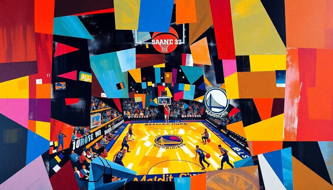 A cubist-style painting depicting a basketball game, with the players and court broken down into overlapping geometric shapes and planes of bright, vibrant colors, capturing the energy and intensity of the high-stakes matchup.