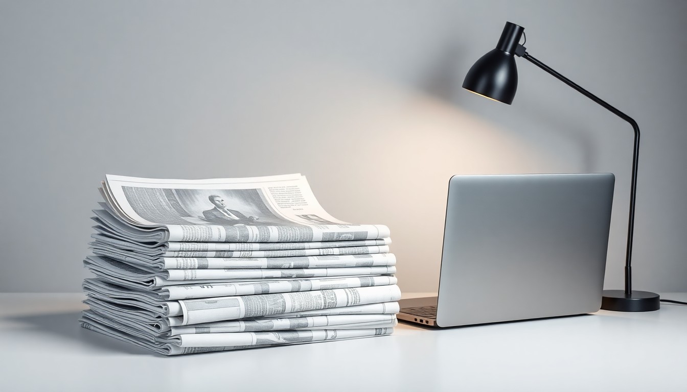 A minimalist, photorealistic studio still life featuring a stack of newspapers, a laptop, and a desk lamp, all in a monochromatic color palette, symbolizing the publication's focus on serious journalism.
