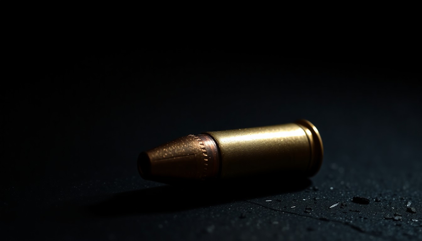 An extreme close-up photograph of a spent bullet casing on a dark, textured surface, lit by a harsh, direct camera flash, conceptually representing the physical evidence of a violent police encounter.