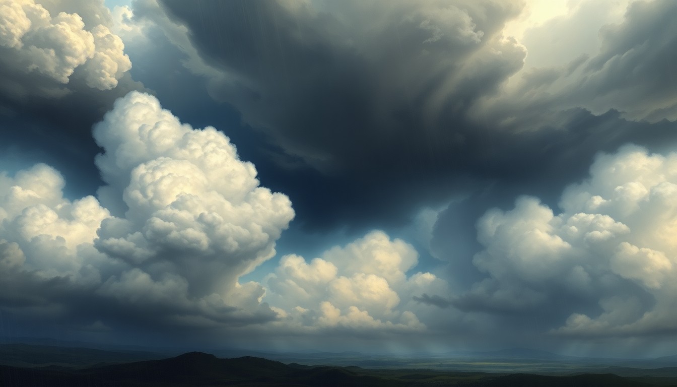 A sweeping, atmospheric landscape painting in muted tones of gray, blue, and green, with a dramatic, stormy sky filling the frame and obscuring the horizon. The scene conveys a sense of the overwhelming, sublime scale of the natural world, with any physical structures or objects dwarfed by the weather's intensity.