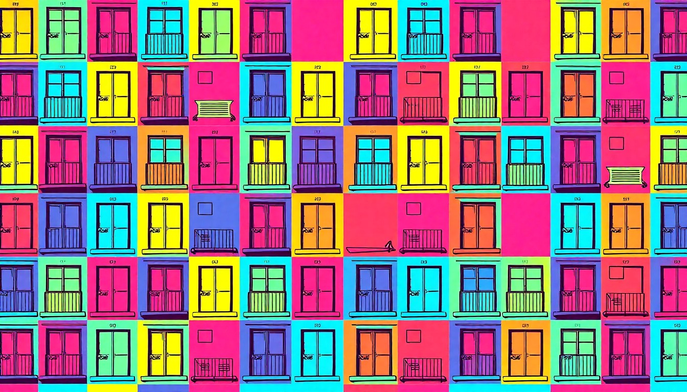A brightly colored, abstract grid of rental apartment icons in vibrant neon shades, conceptually representing the affordability of housing in select US cities.