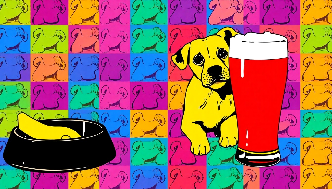 A bold, colorful silkscreen print featuring repeated images of a dog bowl, dog toy, and beer glass in a dynamic grid pattern, conceptually representing the combination of a sports bar and dog park in the new Pups Pub location.