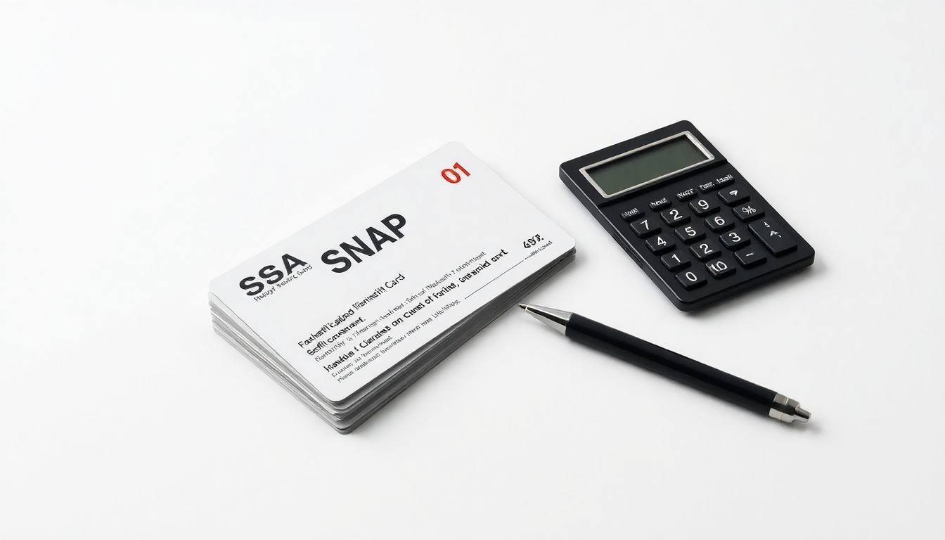 A minimalist studio photograph featuring a stack of SNAP benefit cards, a calculator, and a pen arranged on a clean, monochromatic background, conceptually representing the government's efforts to combat fraud and protect the integrity of the nutrition assistance program.