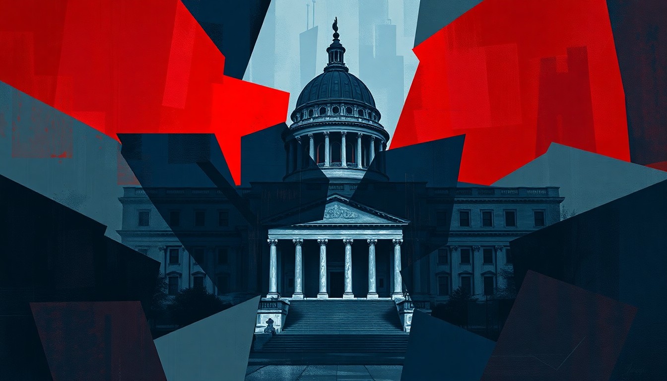 A highly stylized, fragmented painting depicting a government building or political symbol in shades of navy, gray, and red, conveying a sense of disarray and dysfunction.
