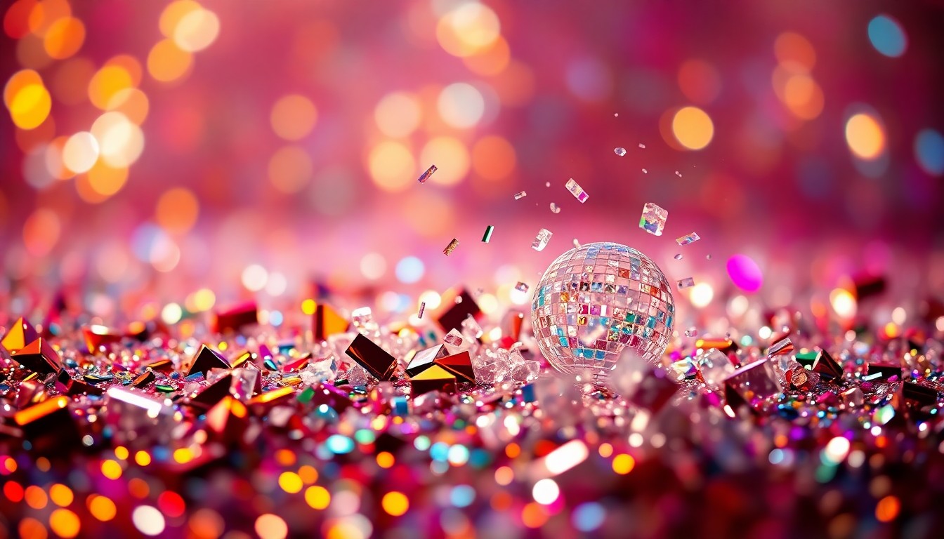 An extreme close-up photograph of sparkling sequins and shattered glass, capturing the luxurious, high-fashion aesthetic of a concert performance.