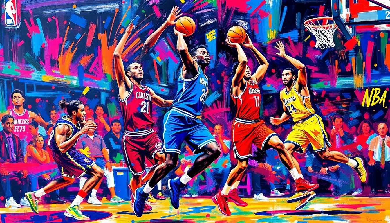 An abstract, energetic painting in vibrant neon colors, capturing the raw athleticism and competitive spirit of an NBA basketball game with rapid brushstrokes and dissolving player forms.