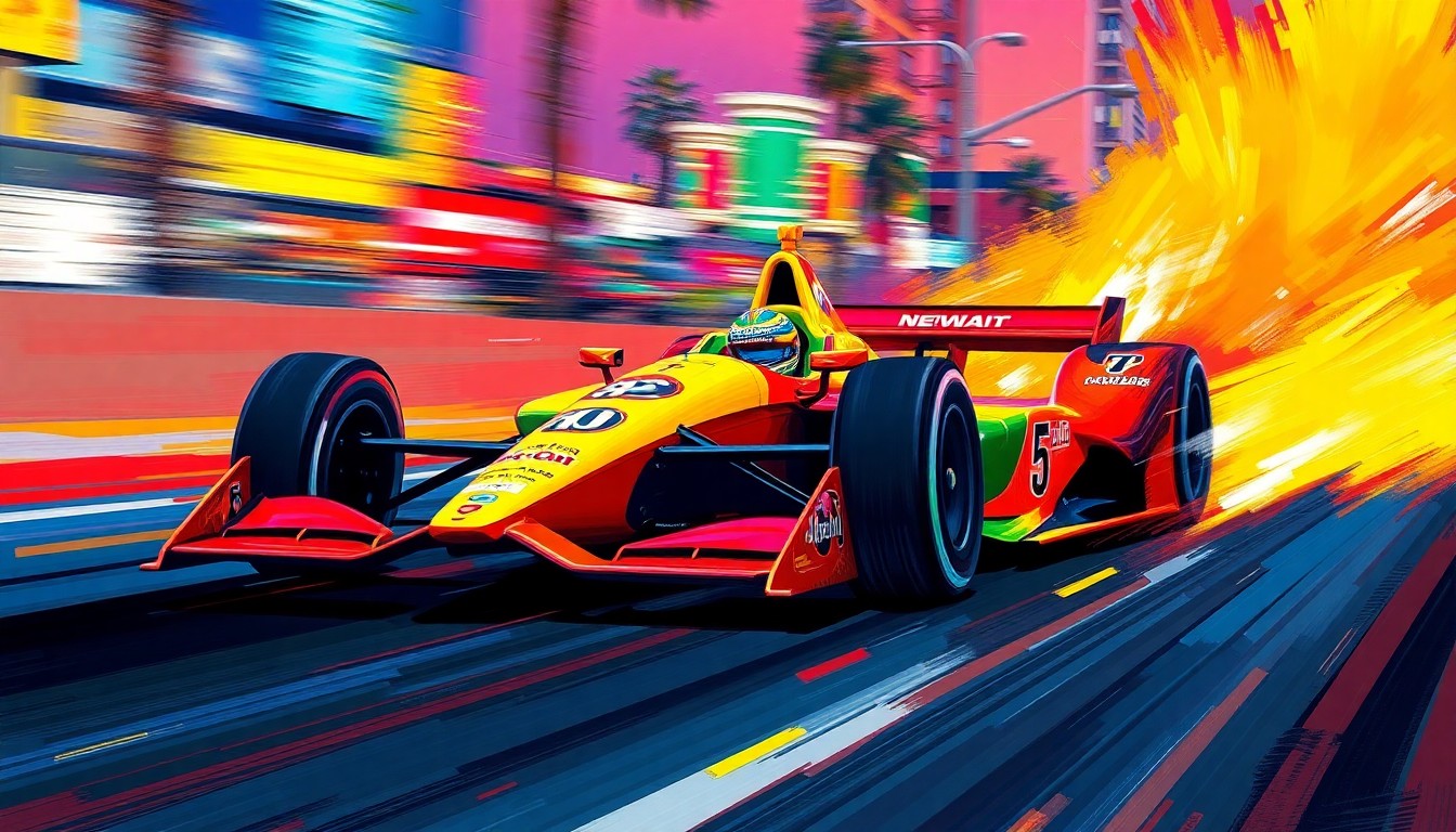 An abstract, expressionist painting in vibrant neon colors, with rapid brushstrokes capturing the raw energy and speed of an IndyCar racing through the streets of Long Beach.
