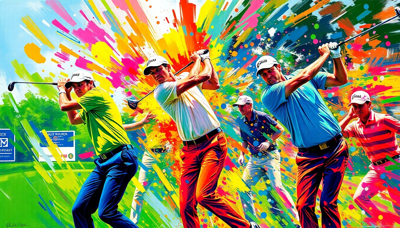 An abstract, energetic painting featuring bold brushstrokes of neon green, orange, and blue, capturing the dynamic motion and intensity of professional golfers competing at a major tournament.