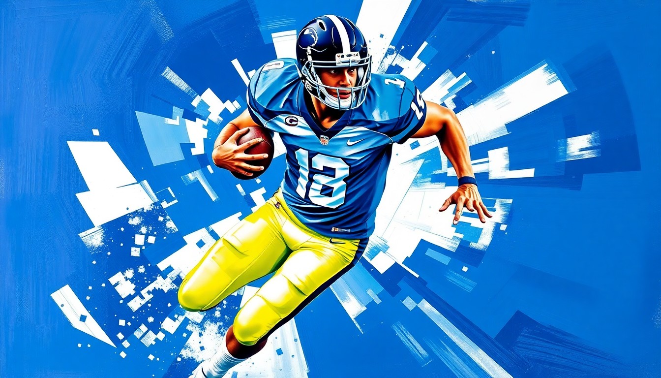A cubist, geometric painting depicting a football player in motion, with sharp, overlapping planes of blue and white representing the colors of Penn State.