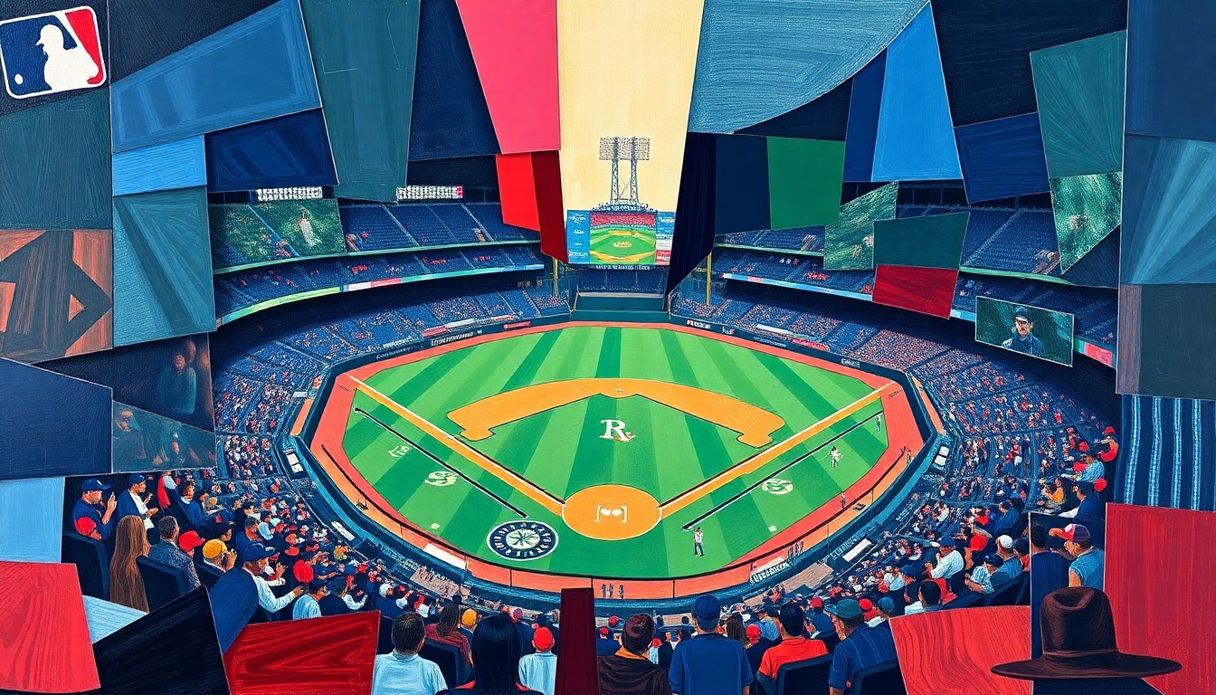 A fractured, multi-perspective painting in bold colors depicting the action and energy of a baseball game between two rival teams.