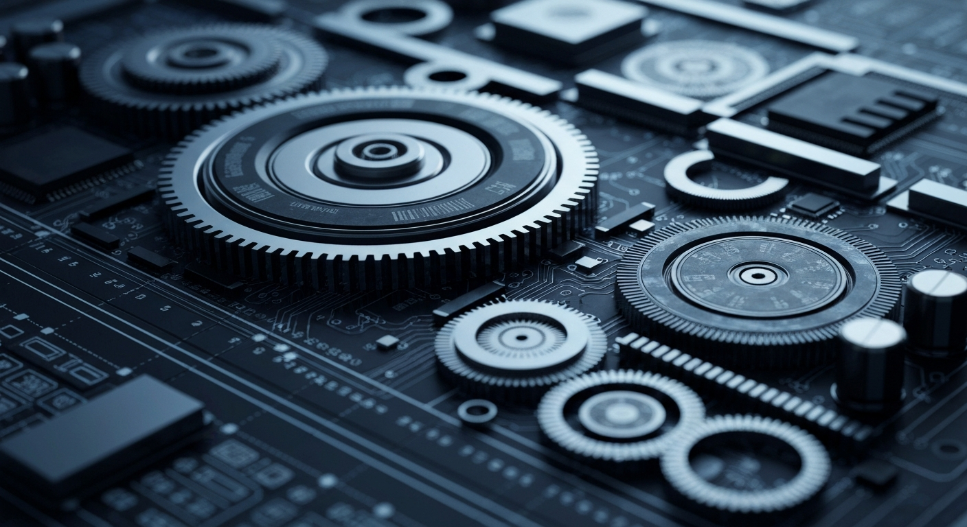 An extreme close-up of interlocking gears, circuits, and other industrial components, conveying the complex, high-tech nature of AI-powered trading systems without using any text or identifiable elements.