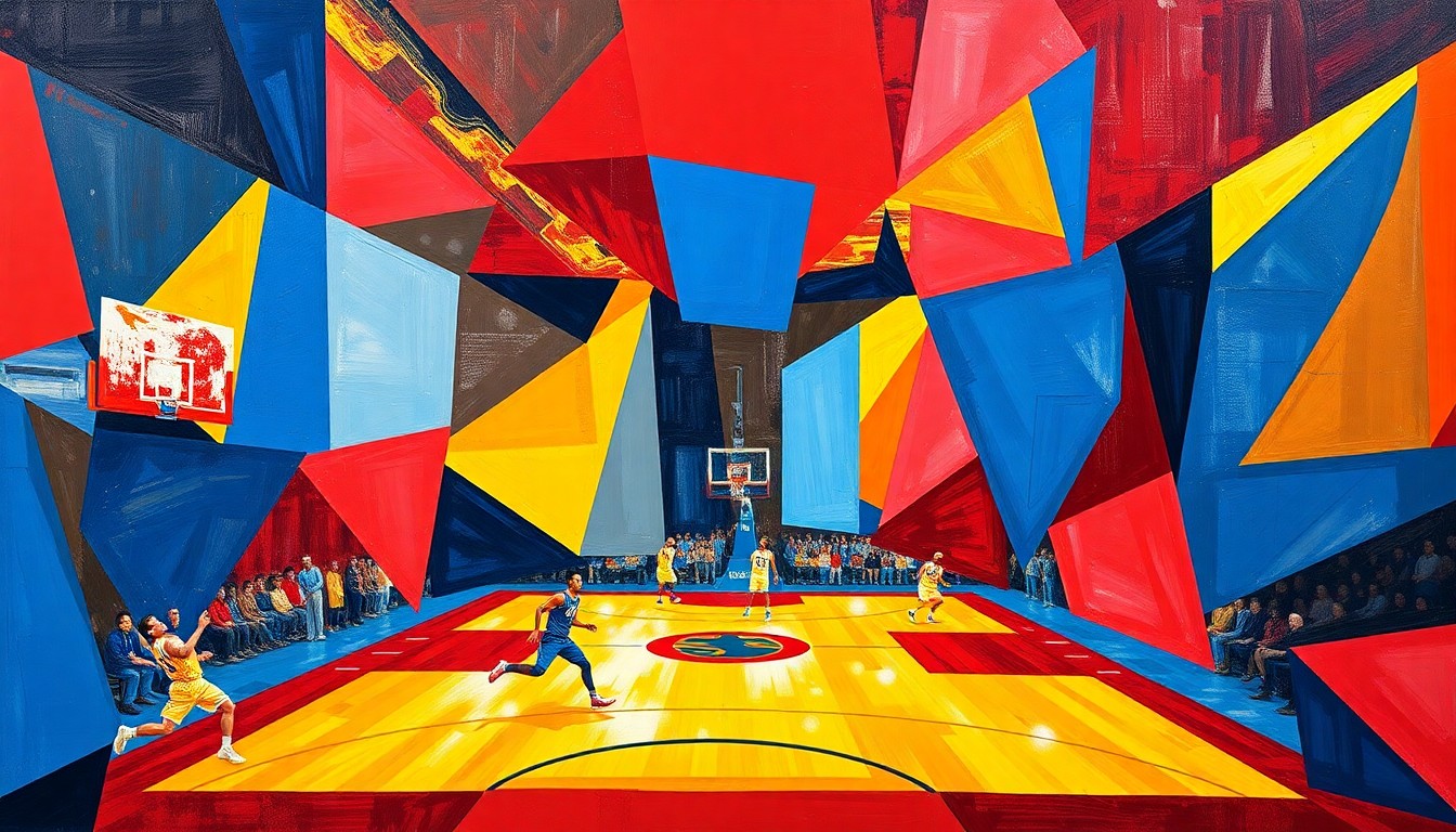 A fragmented, cubist-style painting depicting the overlapping geometric shapes and planes of a college basketball game, with vibrant colors of red, blue, and gold representing the competitive energy and shifting dynamics of the transfer portal.