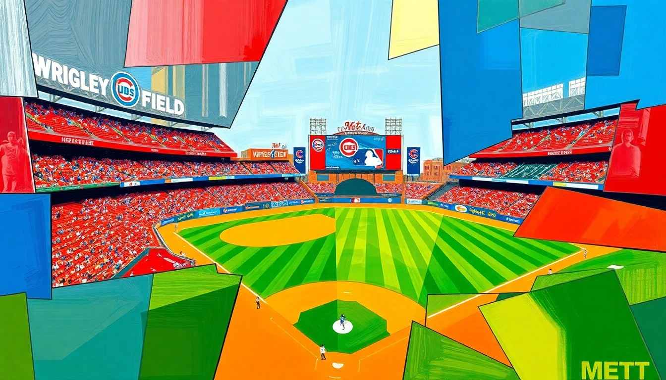 A fragmented, geometric painting in bold, clashing colors that abstractly depicts the motion and drama of a baseball game, without any identifiable players, teams or branding.