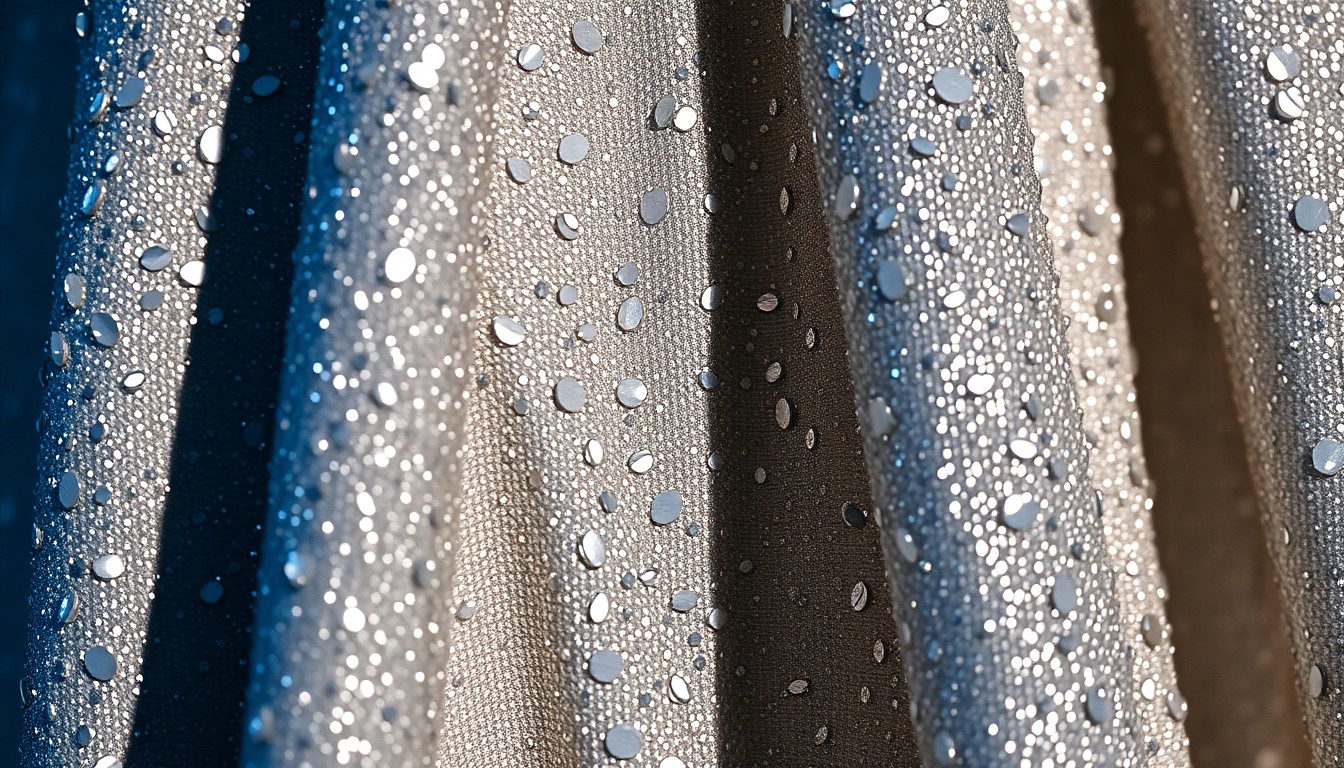 An abstract, high-contrast close-up photograph of a shimmering silver fabric, capturing the luxurious texture and lighting in a conceptual representation of Lori Loughlin's stylish new look.