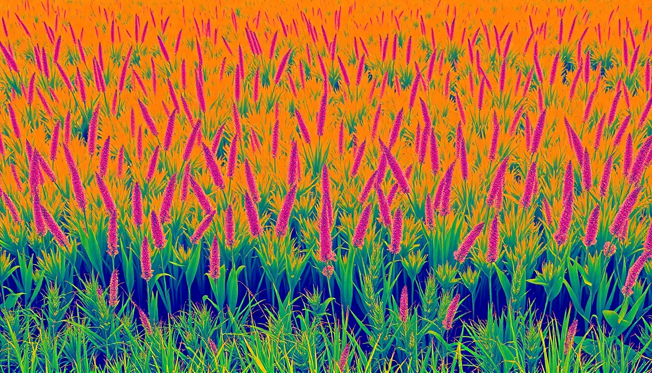 A highly stylized, repeating pattern of an overgrown lawn with tall weeds and grass, rendered in a vibrant, neon color palette with heavy black outlines, conceptually representing the city's efforts to enforce its weed ordinance.