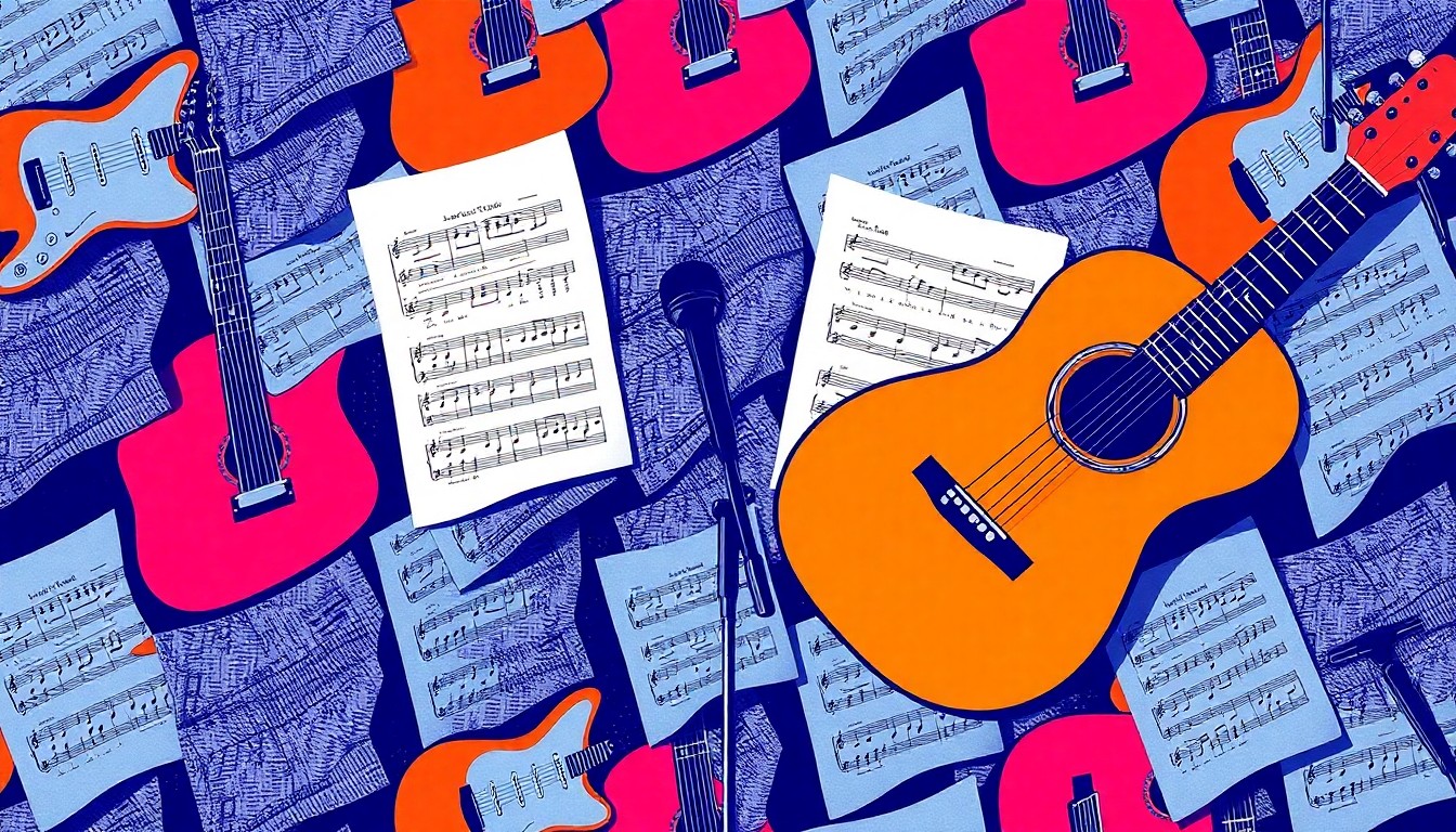 A vibrant, pop art-inspired illustration featuring a repeating grid of musical instruments and sheet music, conceptually representing the creative partnership between veterans and songwriters.