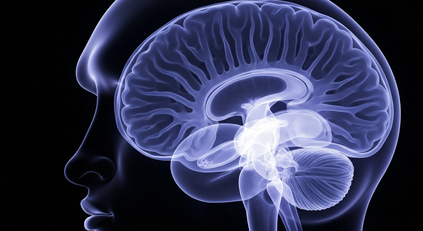 An extreme close-up X-ray image of a human brain, with the internal structures and neural pathways illuminated by glowing neon lines against a dark background, conceptually representing the urgent need for improved mental health care access.