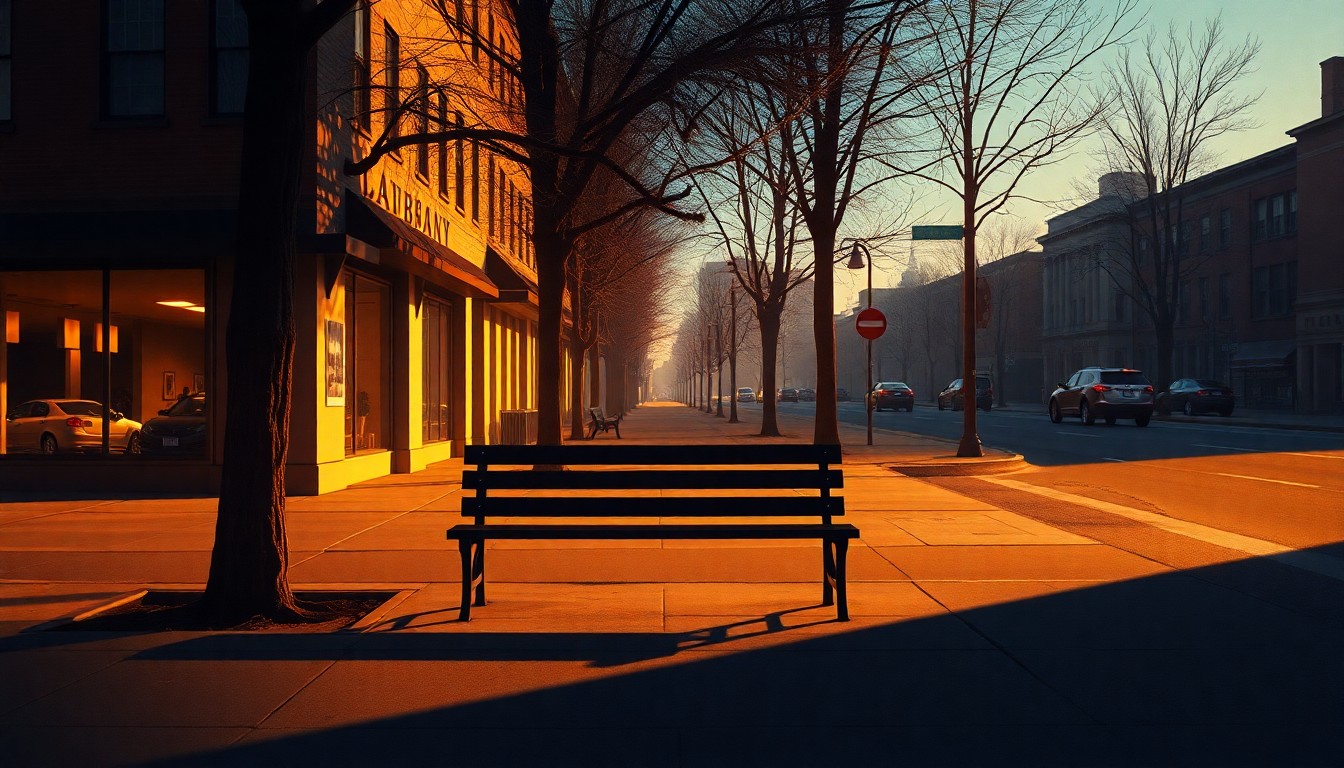 A tranquil painting of a park bench on a Boston city street, with warm sunlight and deep shadows creating a nostalgic, cinematic mood.