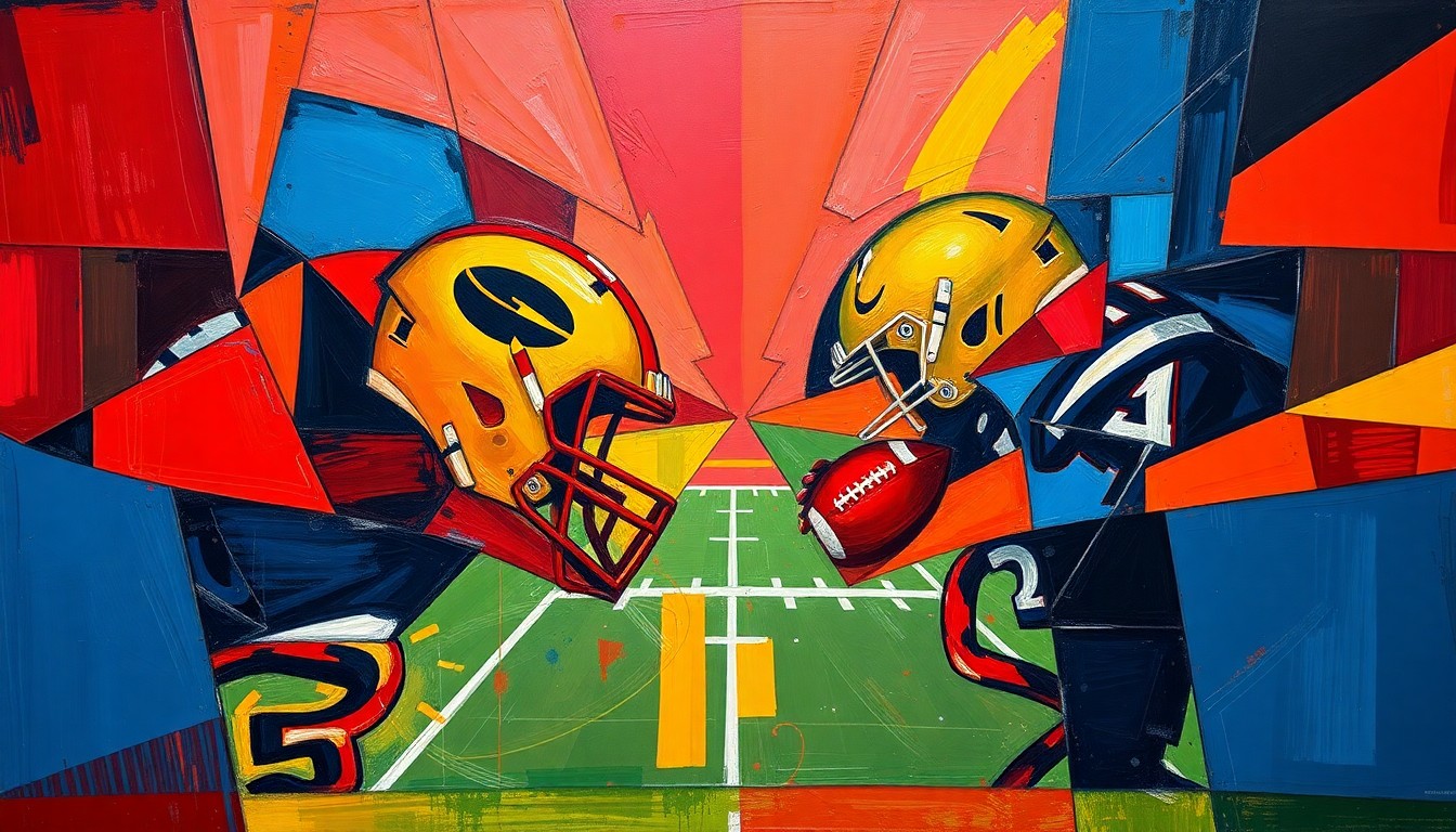 A cubist, geometric painting depicting a football game or rivalry between two schools, with sharp, overlapping planes of deep red, bright gold, and navy blue, conveying the competitive energy and tension of the matchup.