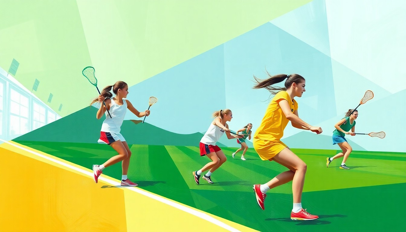 A cubist, geometric painting depicting a girls lacrosse game, with overlapping planes of green, blue, and ochre representing the dynamic action on the field.