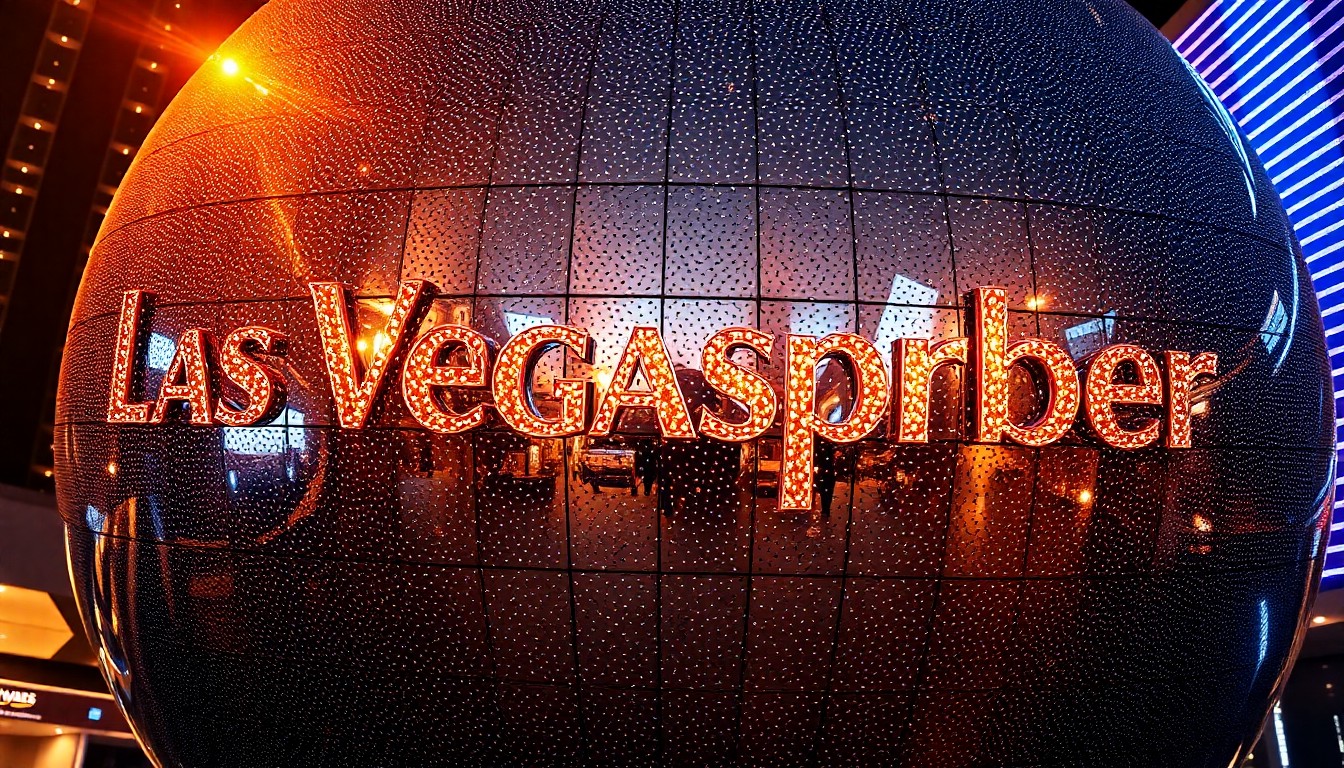 An extreme close-up photograph of the reflective, metallic exterior of a large, spherical entertainment venue, the surface glittering under dramatic studio lighting to create a sense of futuristic glamour and spectacle.