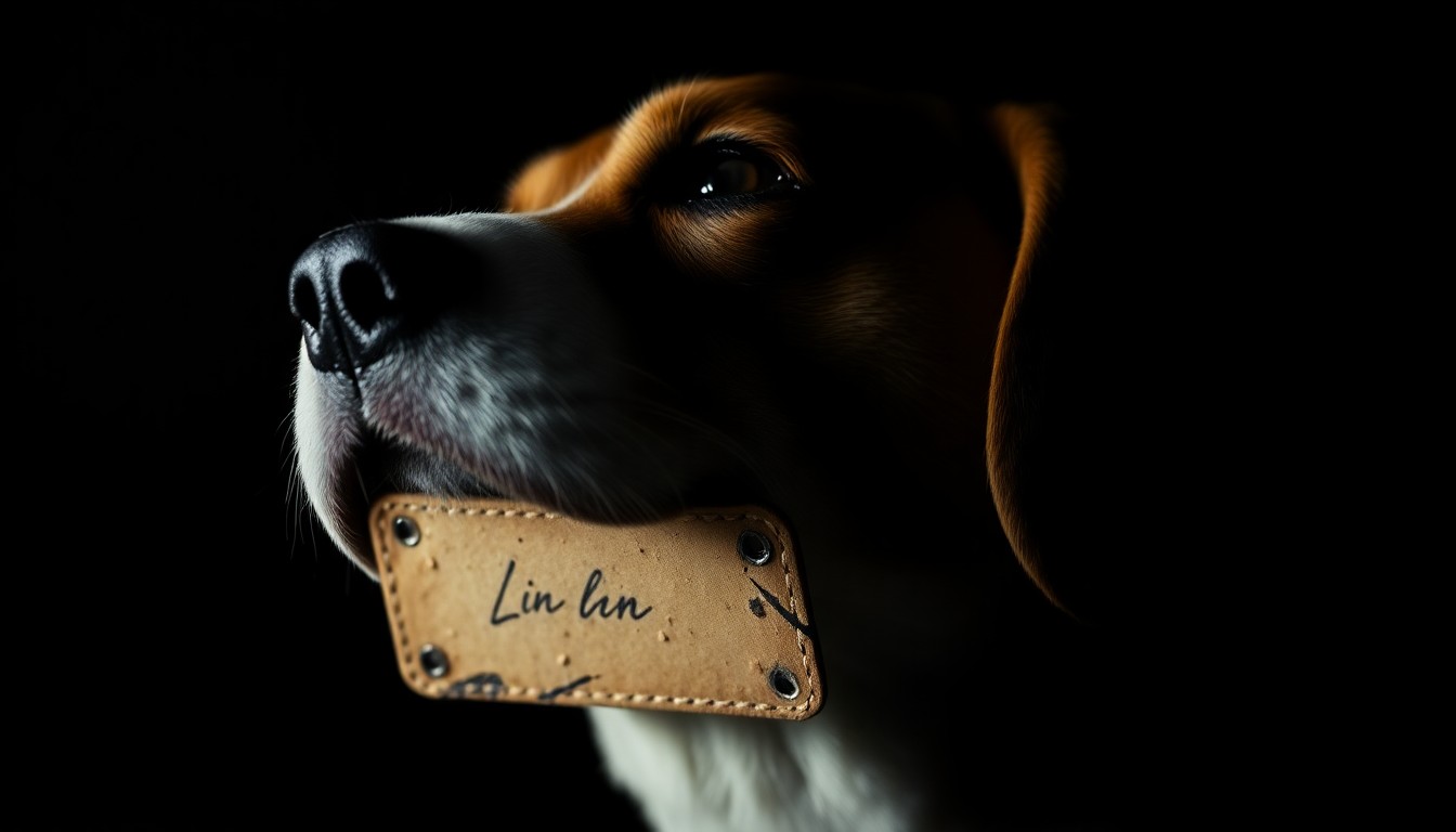 An extreme close-up photograph of a damaged beagle collar or tag, lit by a harsh flash against a black background, conceptually illustrating the aftermath of a raid on an animal research facility.