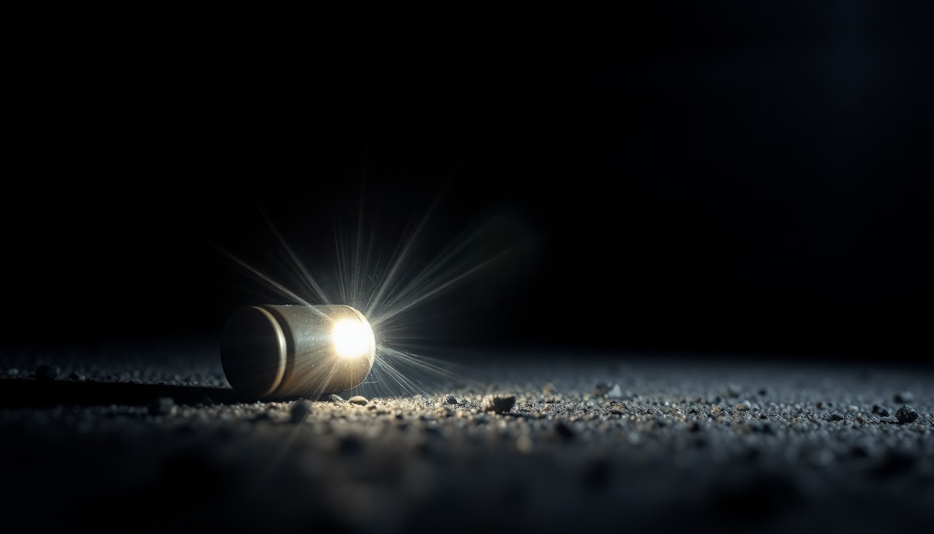 An extreme close-up photograph of a metallic bullet casing on a dark surface, capturing the gritty details and harsh lighting to convey the serious, investigative nature of the crime scene.