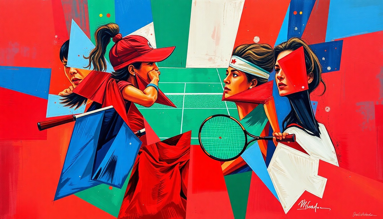 A fractured, cubist-style painting depicting a tennis match between Mirra Andreeva and Iga Swiatek, with sharp geometric shapes and planes of vibrant colors representing the dynamic action on the court.