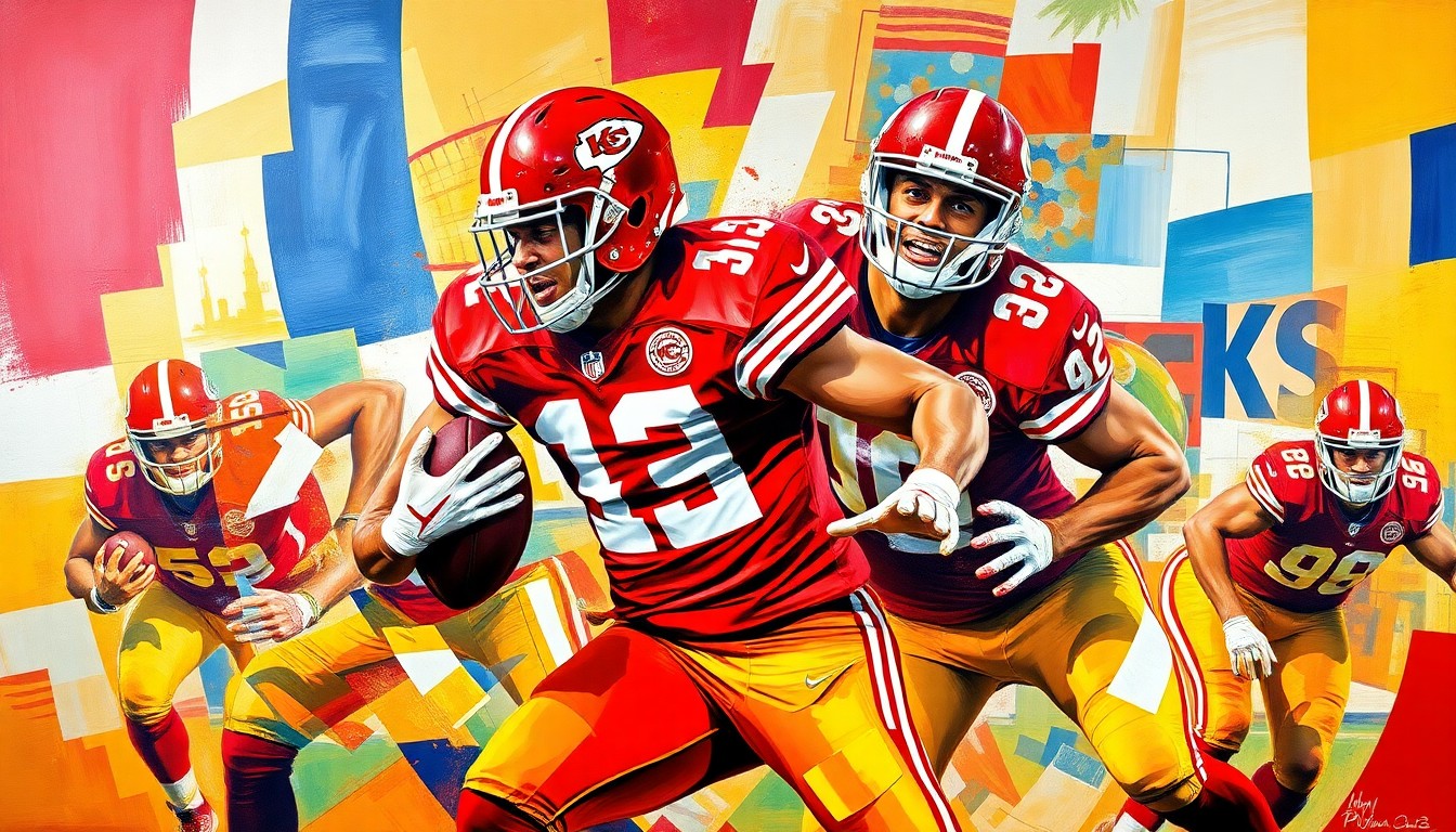 A fragmented, geometric painting in bold red, gold, and black colors depicting the dynamic motion of a football player rushing the passer, conveying the raw power and athleticism of NFL edge rushers.