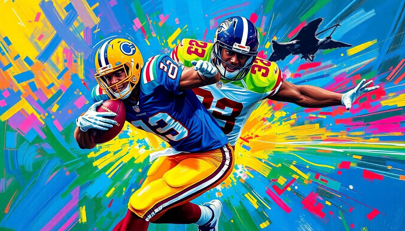An abstract, energetic painting in neon colors depicting the chaotic motion and intensity of a football tackle, conveying the dramatic rescue of an elderly man and his dog from an overturned vehicle.
