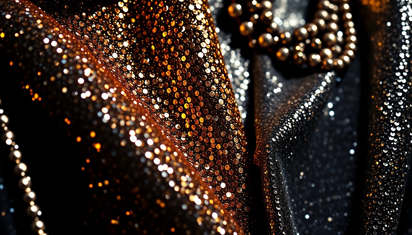 An extreme close-up photograph showcasing the intricate textures of shimmering festival fashion, including sequins, metallic fabrics, and sparkling accessories, captured in dramatic high-contrast lighting to create a sense of glamour and luxury.