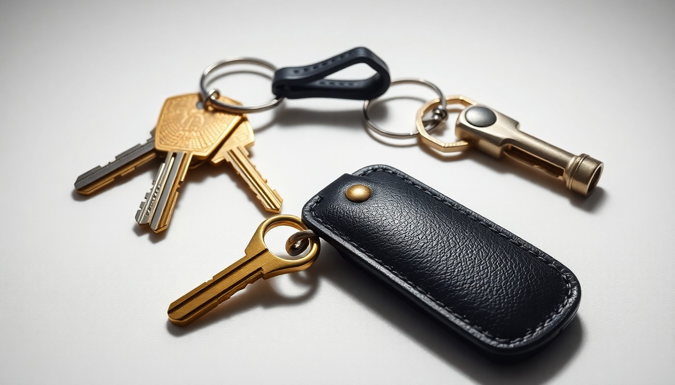 A high-end, photorealistic studio still-life photograph featuring a set of shiny brass keys, a black leather keychain, and a silver door fob arranged elegantly on a clean, white seamless background, conceptually representing the critical role of doormen and building access in urban living.