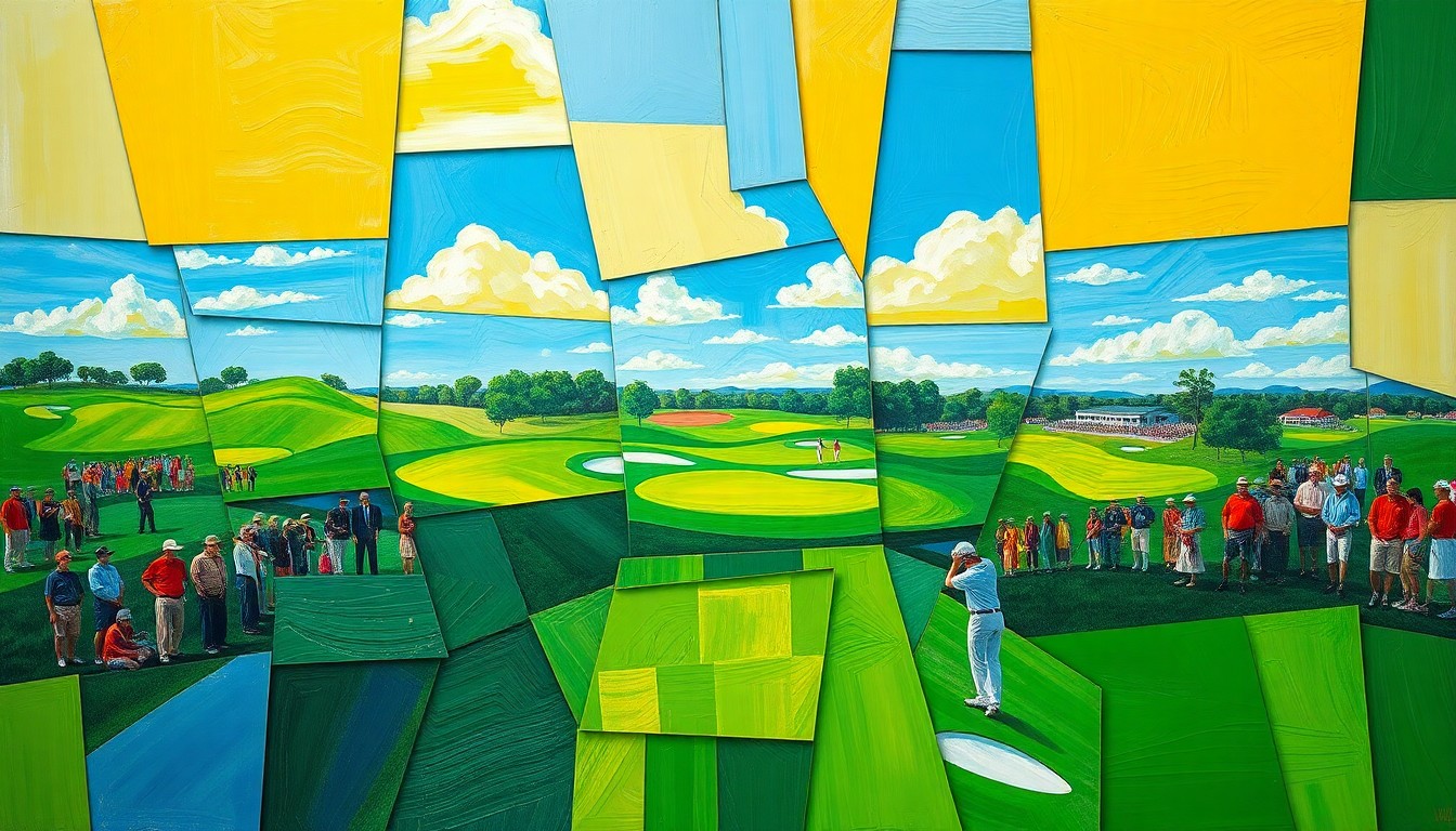 A fragmented, geometric painting depicting a golf tournament scene with overlapping planes of color representing the fairways, sky, and players' uniforms, conveying the energy and diversity of the 2026 Zurich Classic field.