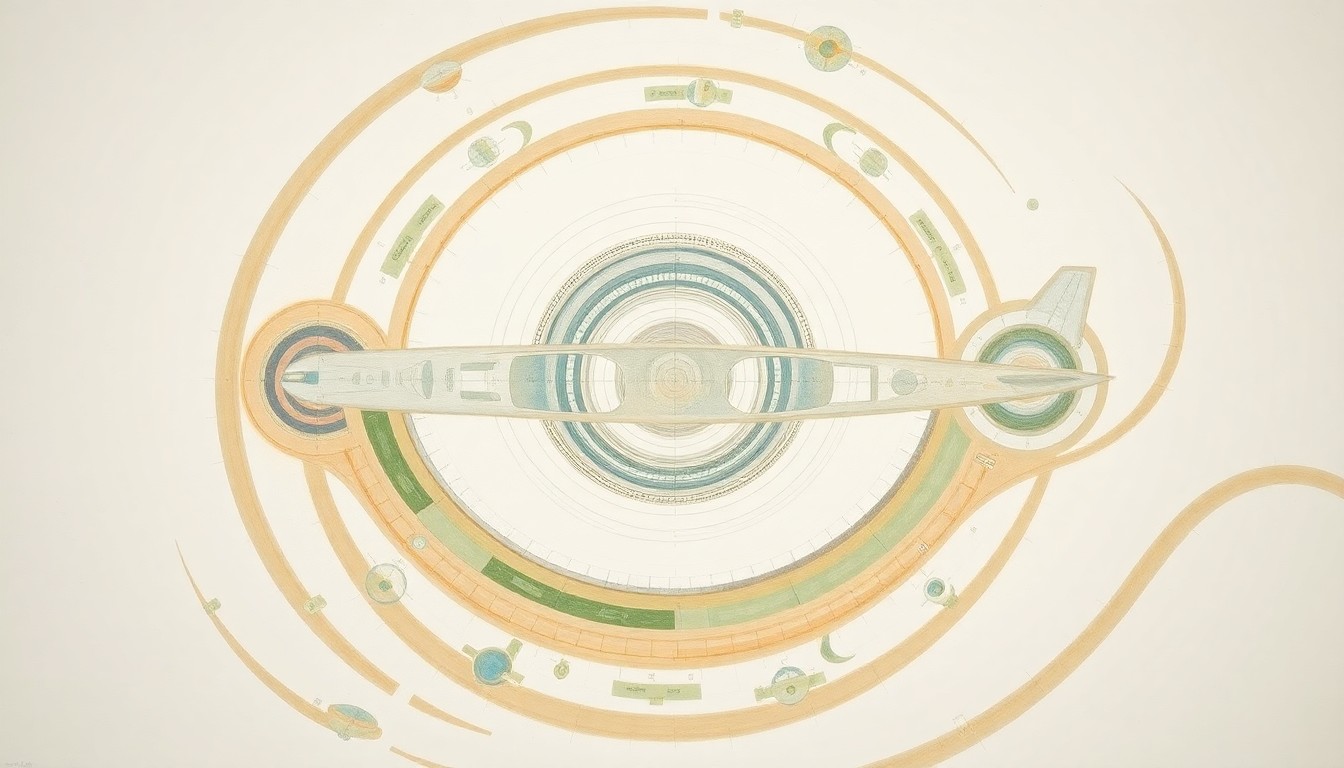 An abstract, geometric painting in soft earth tones depicting the massive scale and complex engineering of the NASA Super Guppy cargo plane, with sweeping arcs, concentric circles, and precise spirals conveying the structural order and power of this unique aircraft.