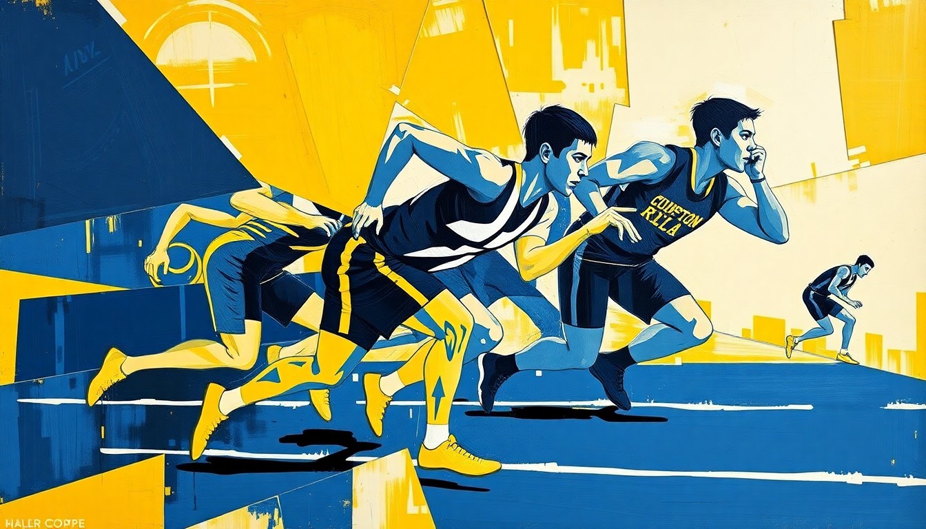 A fractured, multi-perspective painting in the style of Pablo Picasso, breaking down a boys track and field competition into sharp, overlapping geometric planes in navy blue, gold, and white, the school colors of the Hampton-Dumont-CAL Bulldogs.
