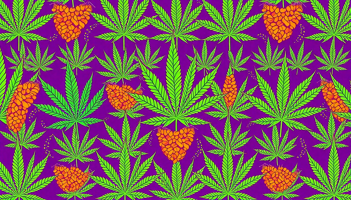 A brightly colored, high-contrast silkscreen print featuring repeating images of a hemp leaf and a hop cone in a grid pattern, using a vibrant neon color palette to capture the celebratory energy of the event.