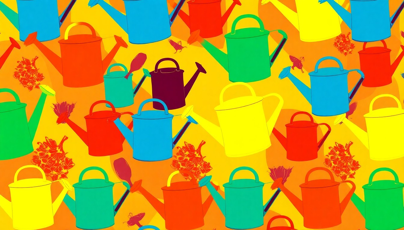 A brightly colored, high-contrast silkscreen print of a gardening trowel repeated in a tight grid pattern, utilizing flat, vibrant neon colors and heavy black outlines to transform the everyday tool into modern pop art.