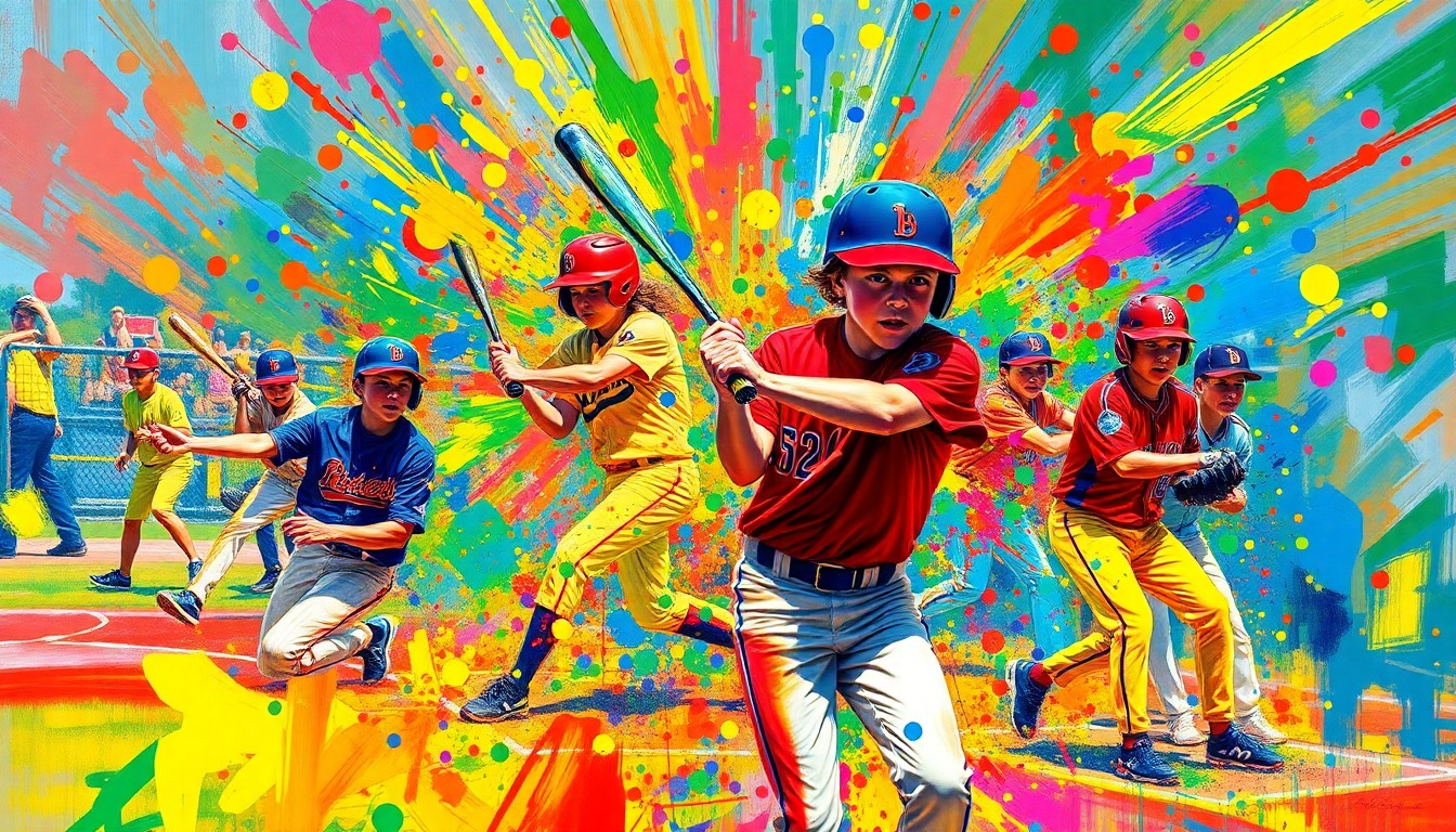 An abstract expressionist painting in vibrant neon colors, with dynamic brushstrokes capturing the energy and movement of a baseball skills camp, figures and equipment dissolving into colorful splatters.