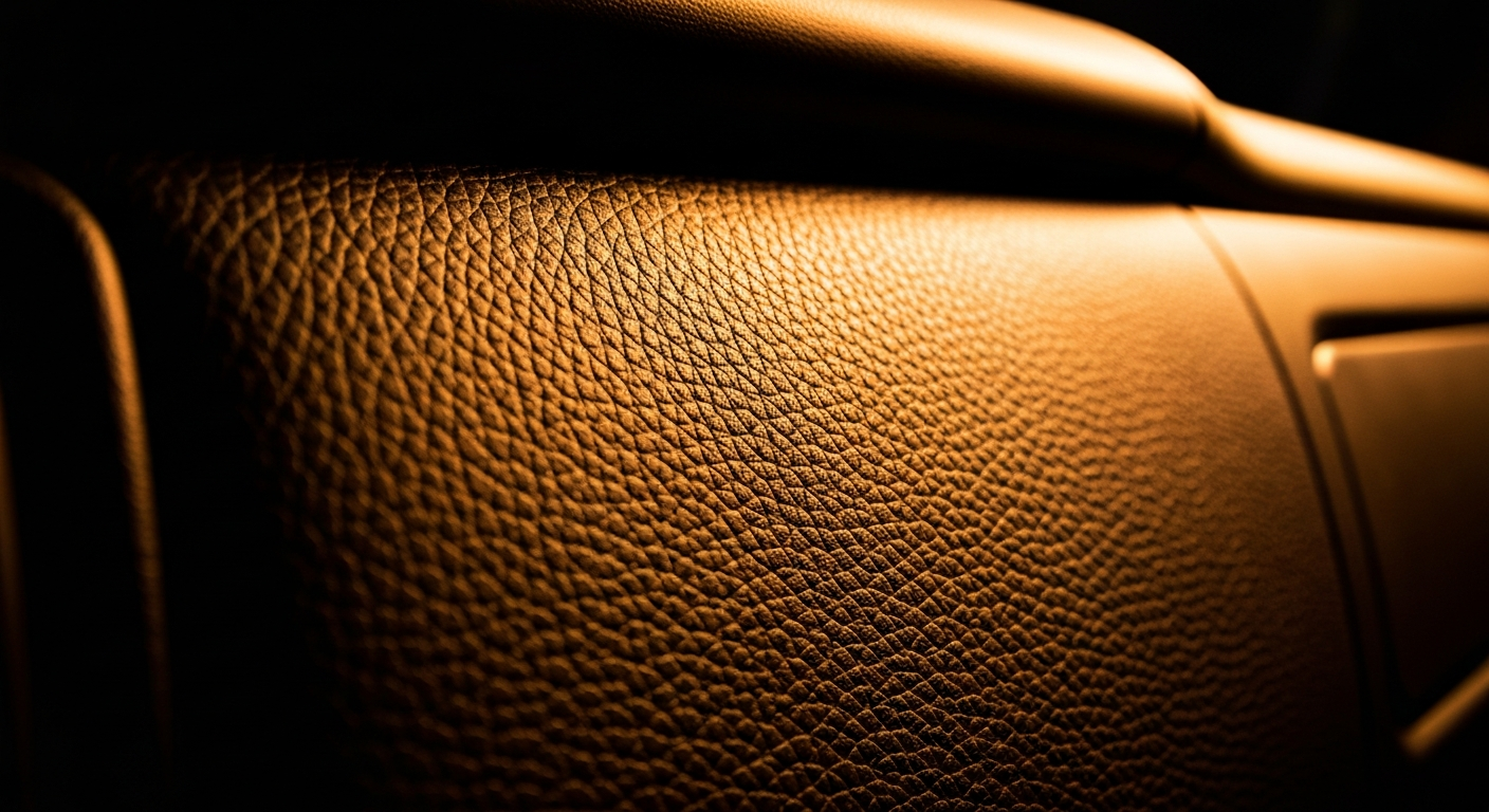 An extreme close-up of a pebbled leather car interior in warm, earthy tones, conceptually representing the premium materials and craftsmanship of new vehicles.