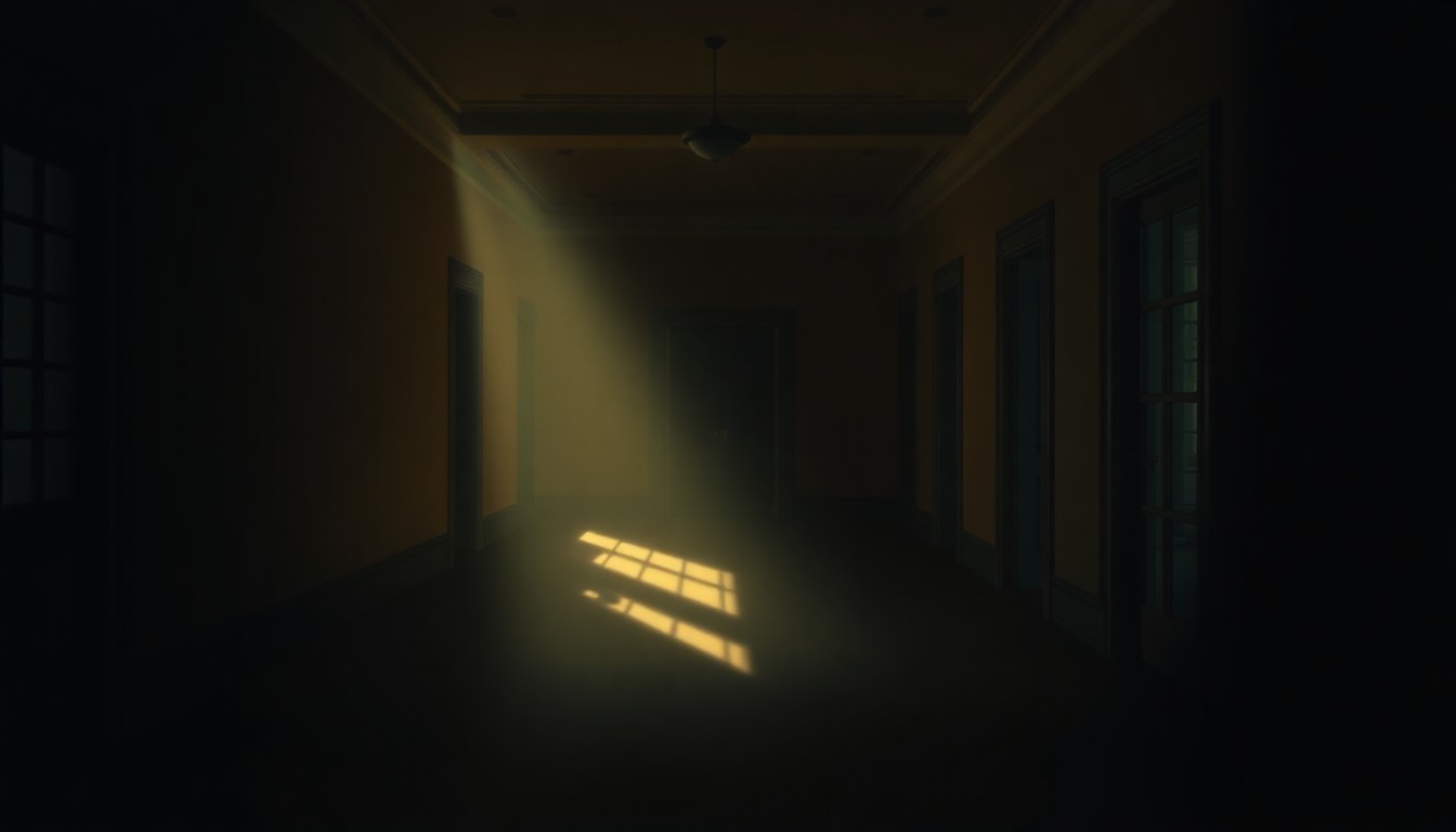 A dimly lit, textured oil painting of an empty, shadowy White House hallway, with a single beam of warm, diagonal sunlight cutting through the gloom, creating a sense of quiet contemplation and unease.