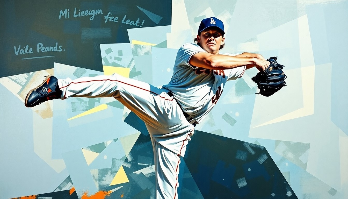 A fractured, multi-perspective painting depicting the dynamic motion of a baseball pitcher, with sharp, overlapping geometric planes in a vibrant color palette that evokes the explosive energy of the Yankees' bullpen.