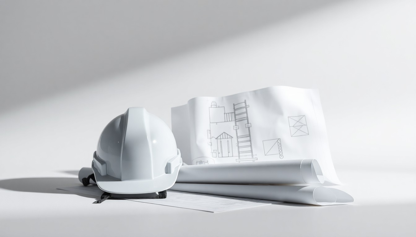 A photorealistic studio still life featuring a hardhat, safety vest, and construction blueprints arranged elegantly on a clean, monochromatic background, conveying the abstract concepts of career progression and women's empowerment in the construction industry.