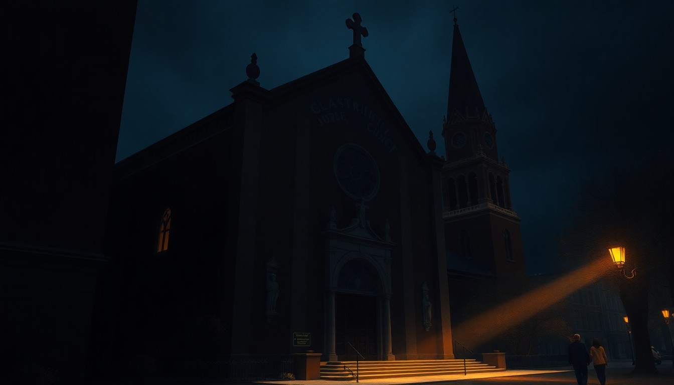 A quiet, cinematic painting of a Catholic church's exterior, bathed in warm, diagonal sunlight and deep shadows, conveying a sense of solemnity and reflection amidst the urban landscape.