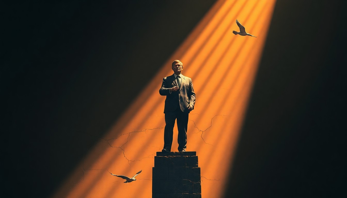A cinematic painting depicting a solitary, weathered statue of a man in a suit, bathed in warm, diagonal sunlight and deep shadows, conceptually representing the idolatry of a political leader and the blurring of the line between faith and politics.