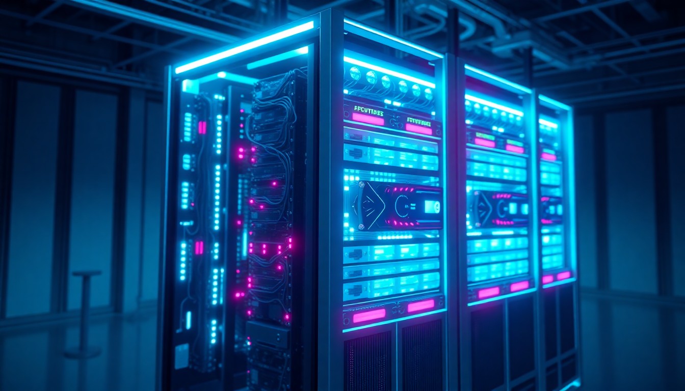 A highly detailed, glowing 3D illustration of a futuristic AI server rack, with neon cyan and magenta lights illuminating the intricate hardware components, set against a dark, industrial background.