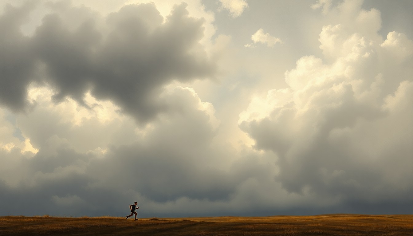 A dramatic landscape painting in muted tones, with a lone runner battling against a fierce wind under a bleak, cloud-covered sky, conveying the overwhelming power of the natural elements.
